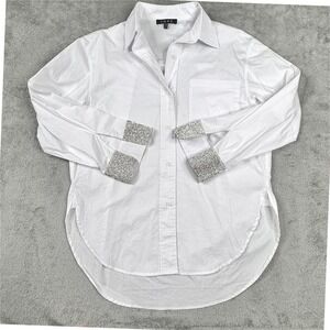 NWOT FORE White Cotton Button Down Shirt Rhinestone Cuffs Size XS High Low Hem